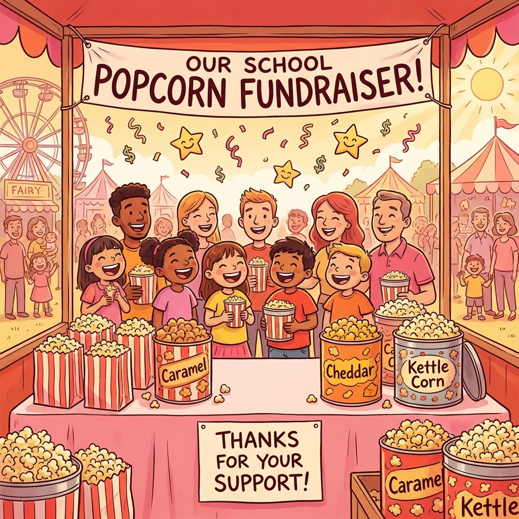 Kids and parents gather at a fundraising booth filled with colorful gourmet popcorn, celebrating a successful event.
