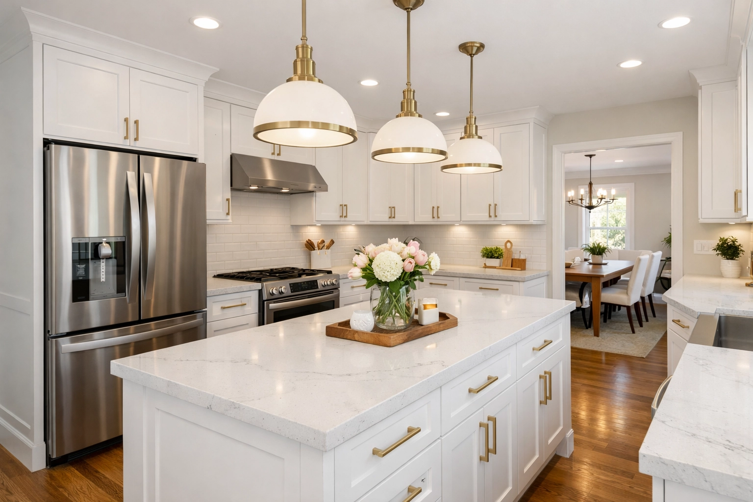 Modern kitchen remodel Orlando featuring custom white cabinetry and quartz countertops