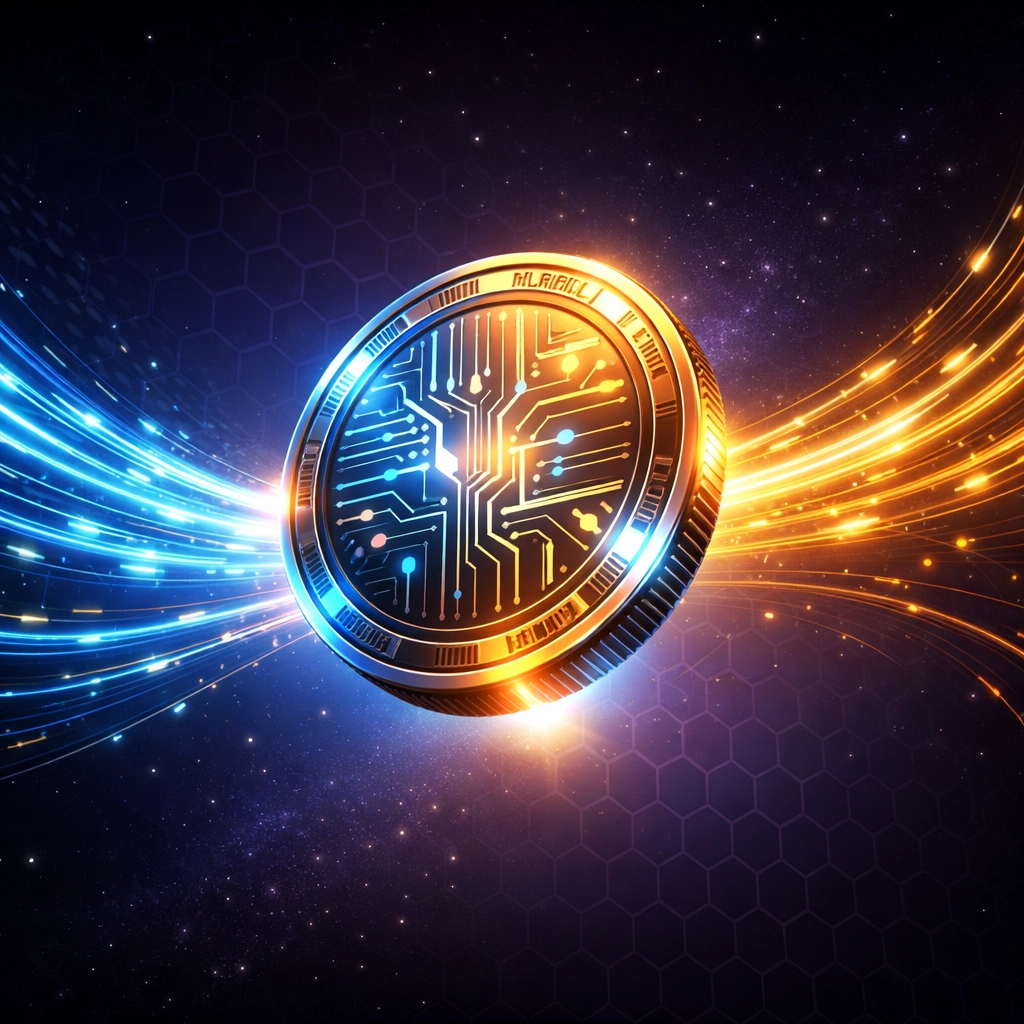 Receivables token on blockchain network with data streams showing instant digital payment verification