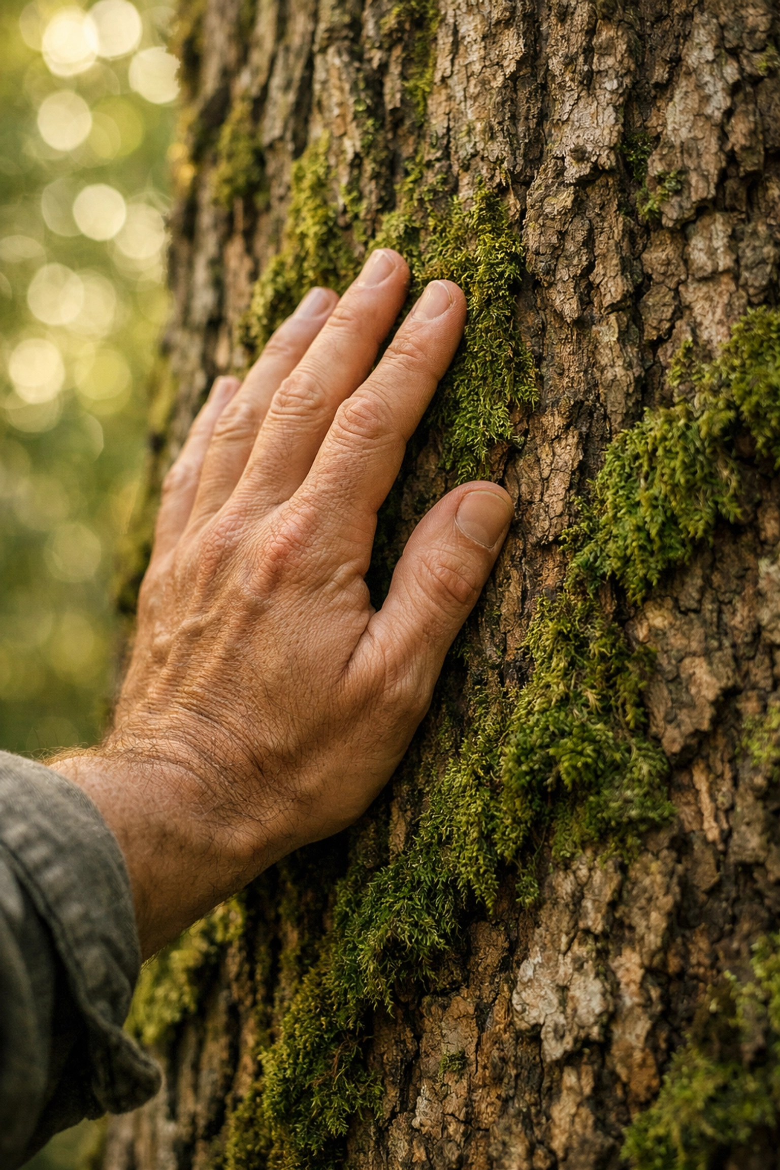 Természetben megérintett faág, ami a digitális izolációból való kitörést és a gyógyulást jelképezi.
