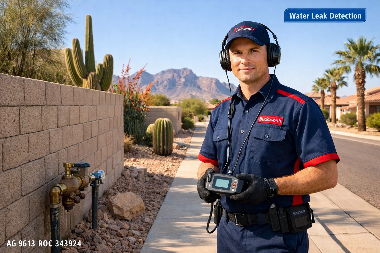 Technician using acoustic equipment for professional water leak detection in Apache Junction AZ.