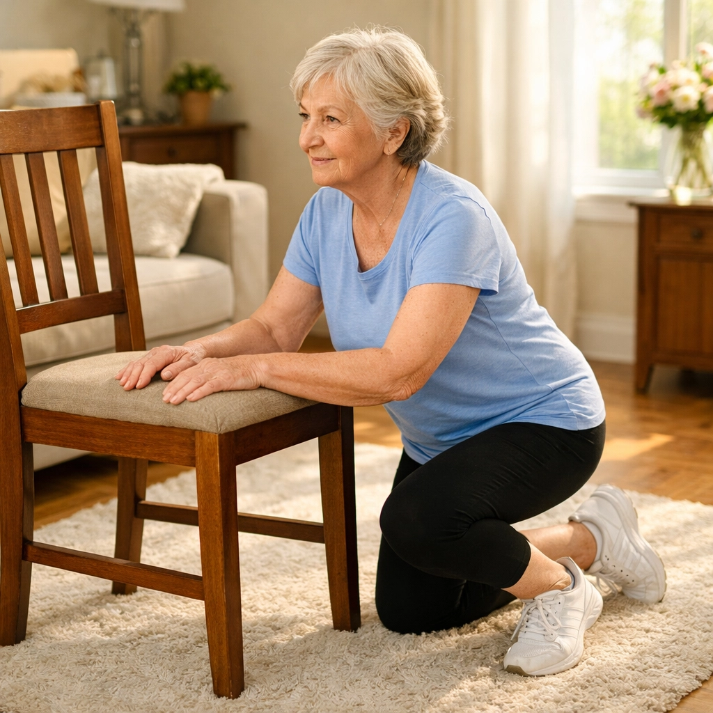 Senior woman in half-kneeling position using chair for support after fall