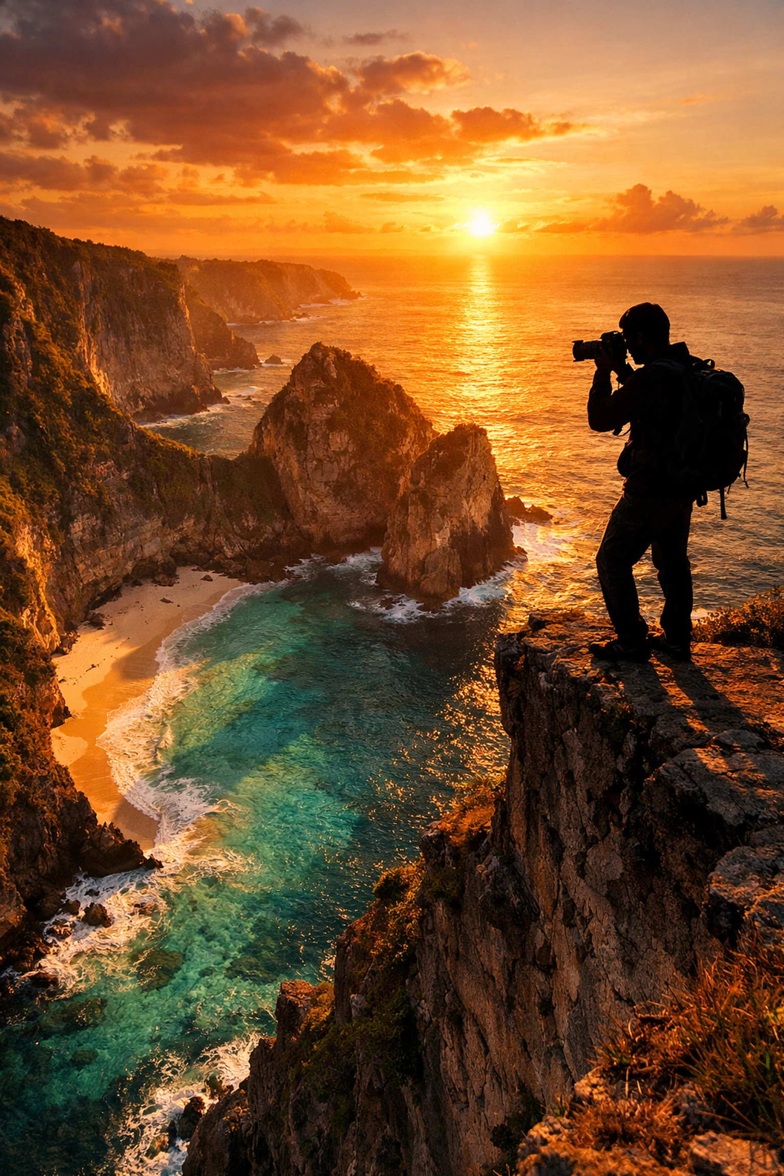 Photographer scouting a hidden cove at sunset, applying landscape photography tips for stunning travel shots.