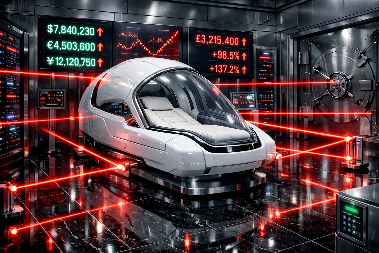 High-tech medical scanning pod surrounded by rising currency symbols, illustrating expensive healthcare costs.