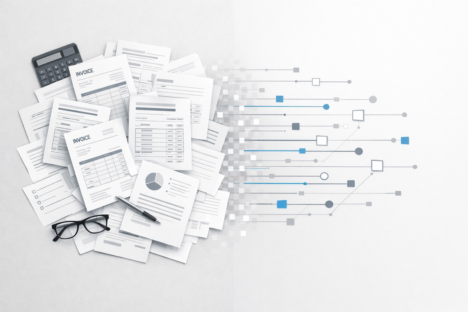 Paper documents transforming into digital data streams showing automated document processing