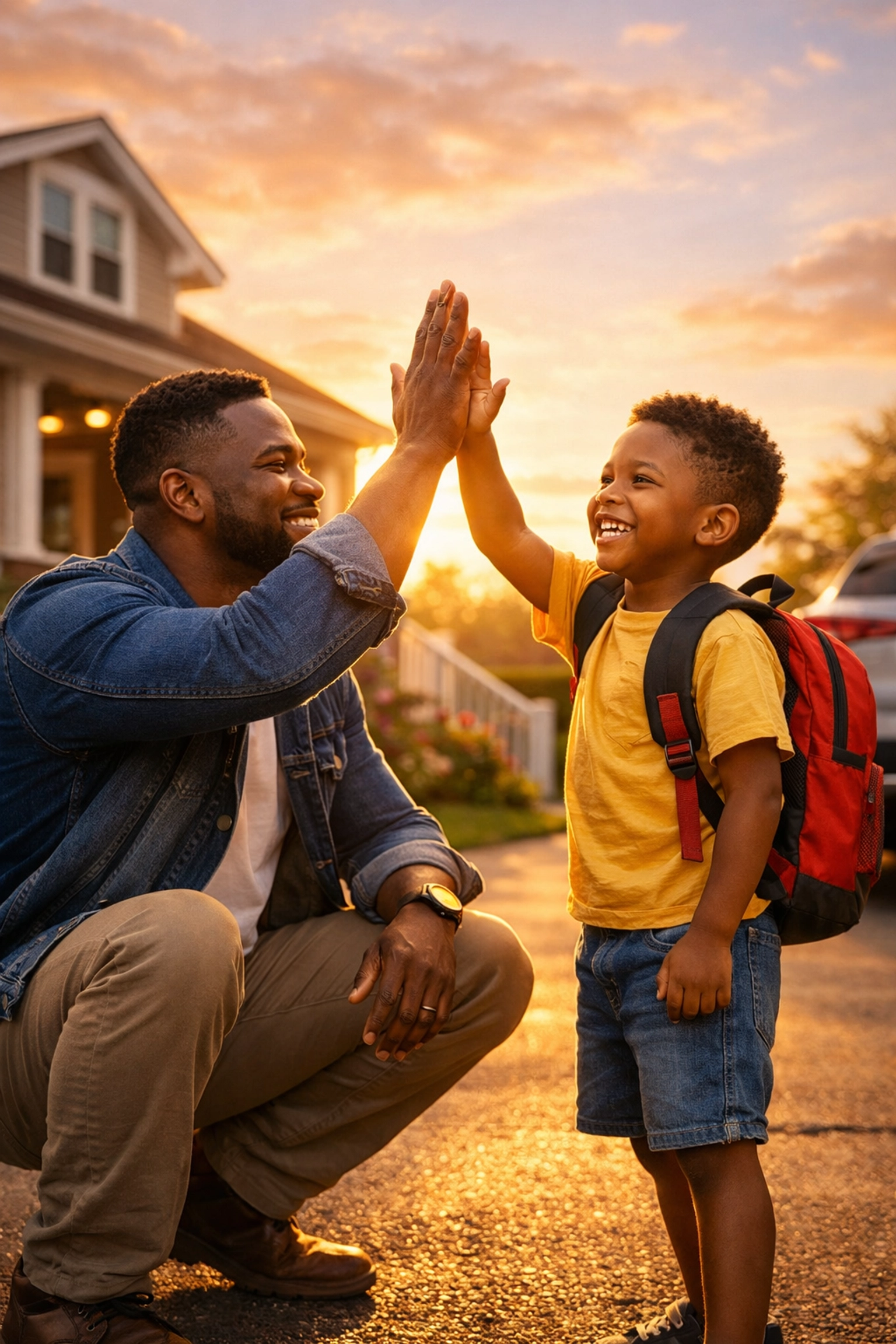 A joyful Black father and son high-five in front of their home, celebrating reclaiming their lives in New Jersey.