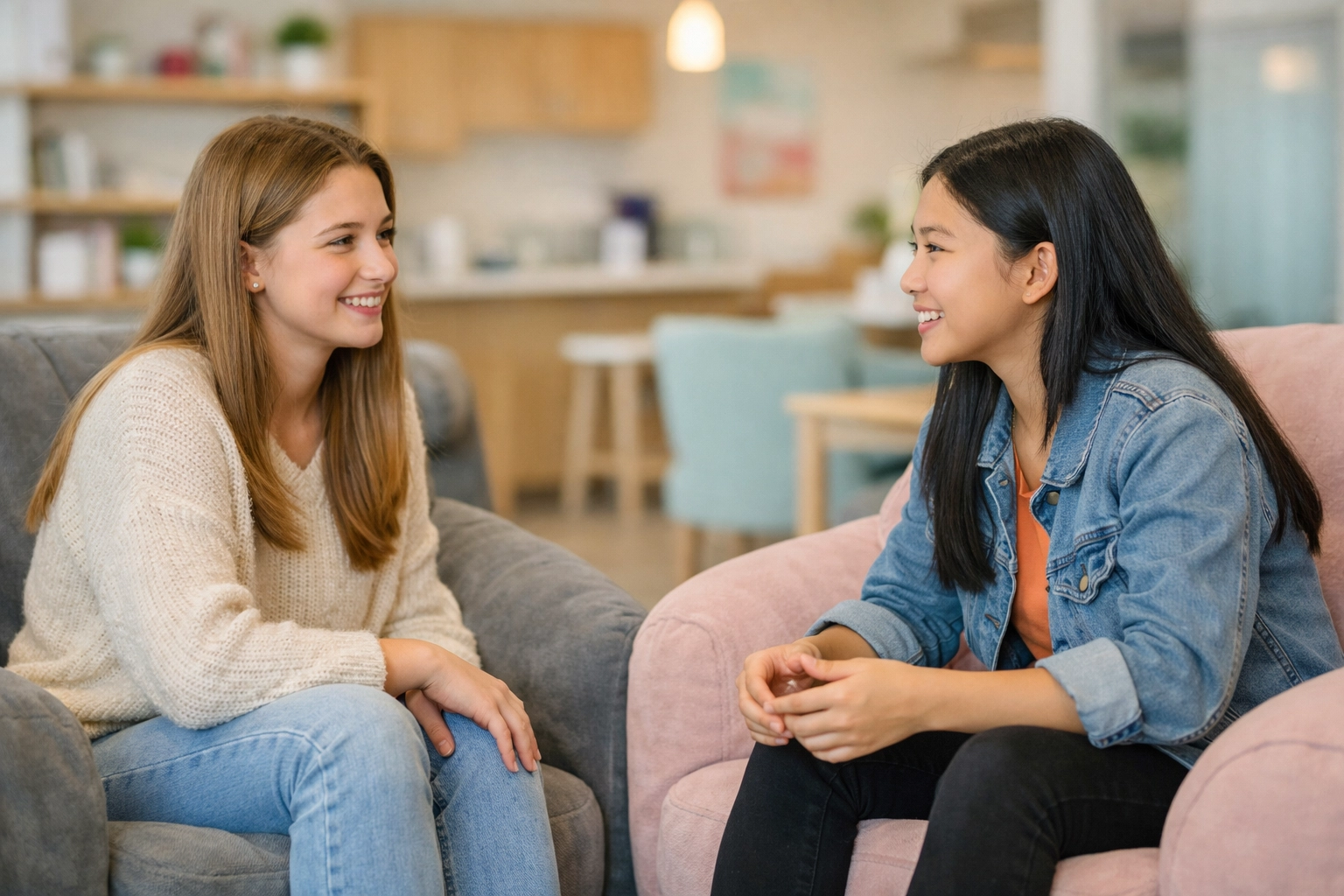 Two teen girls in a supportive conversation at a trauma-informed residential treatment center.