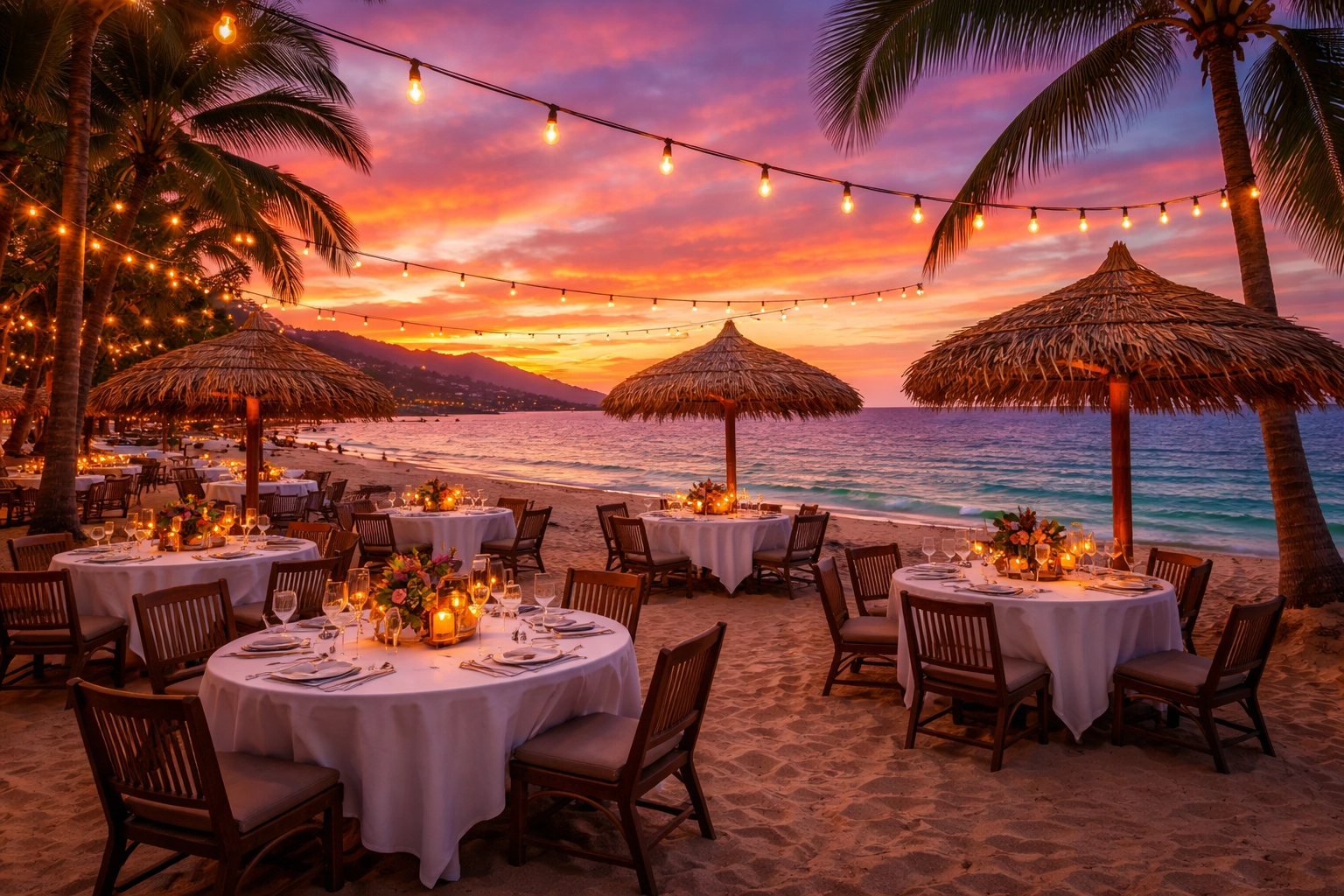 Romantic beachfront dining setup in Puerto Vallarta on golden sand overlooking Bay of Banderas at sunset.