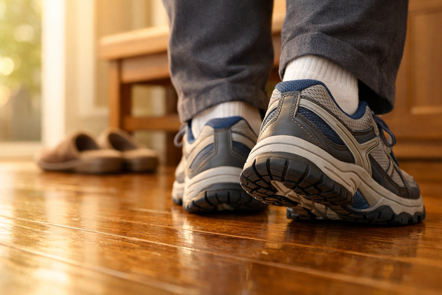 Close-up of senior wearing sturdy sneakers for stability, highlighting safe footwear for fall prevention.