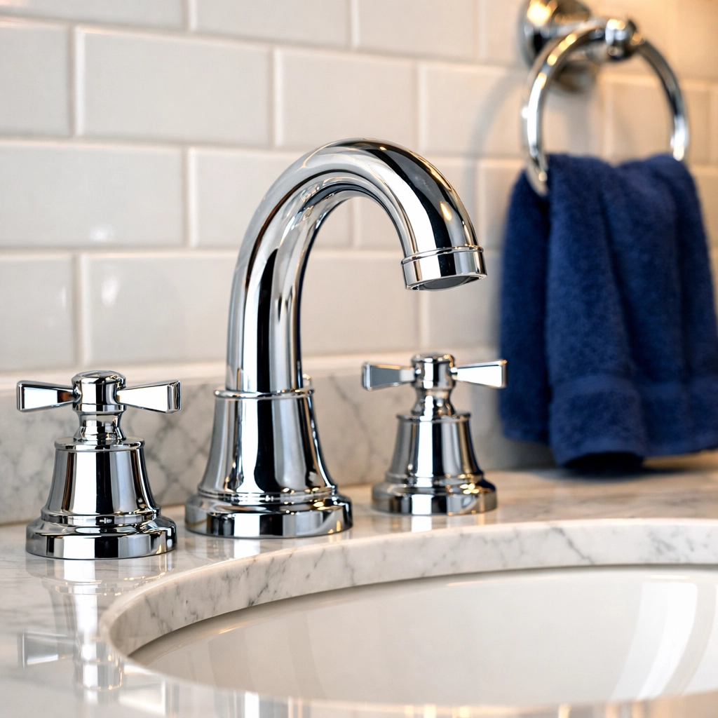 Sparkling clean bathroom vanity and sanitized fixtures from a professional residential cleaning service.