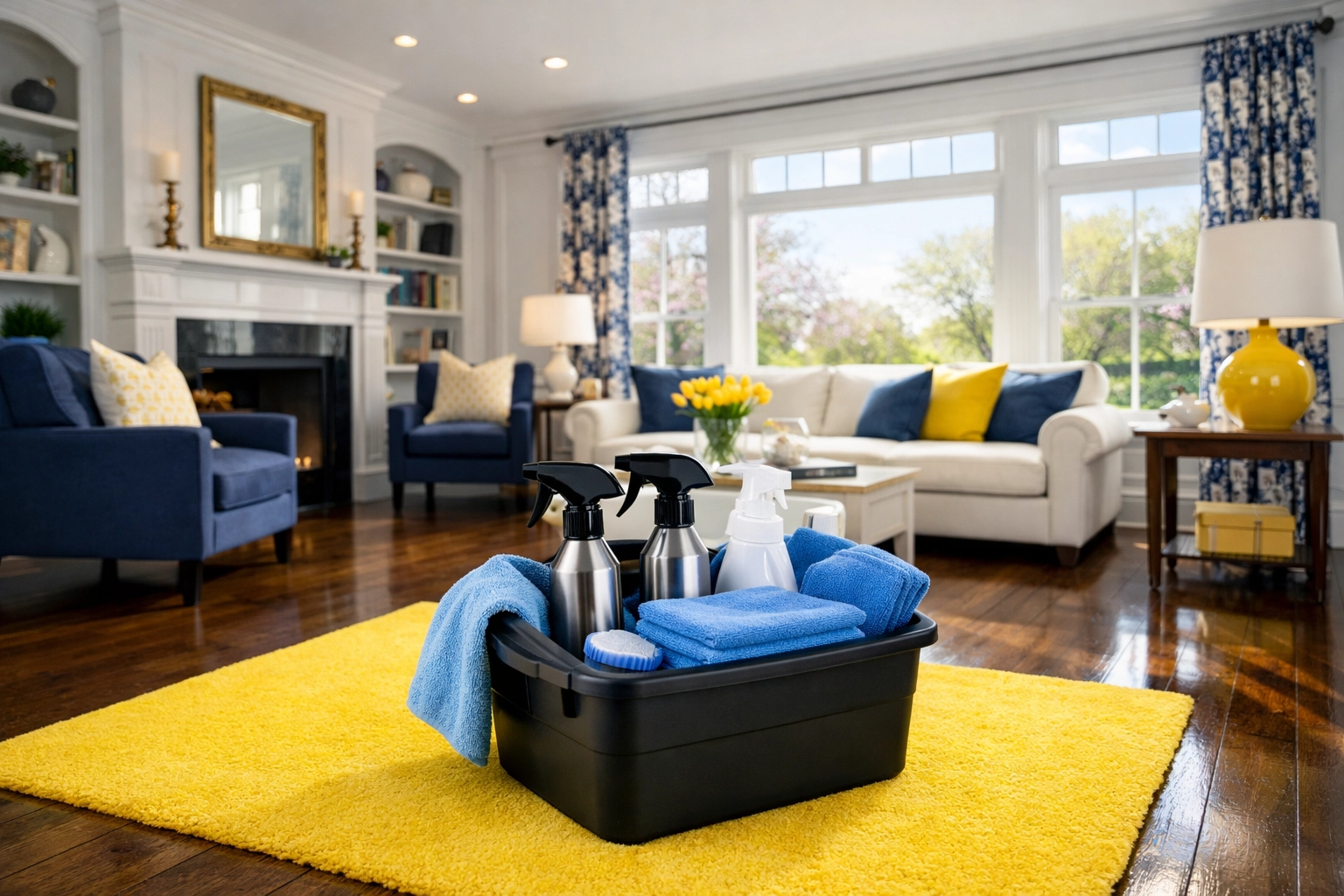 Professional spring cleaning in Massachusetts featuring a tidy living room with cleaning supplies and natural light.