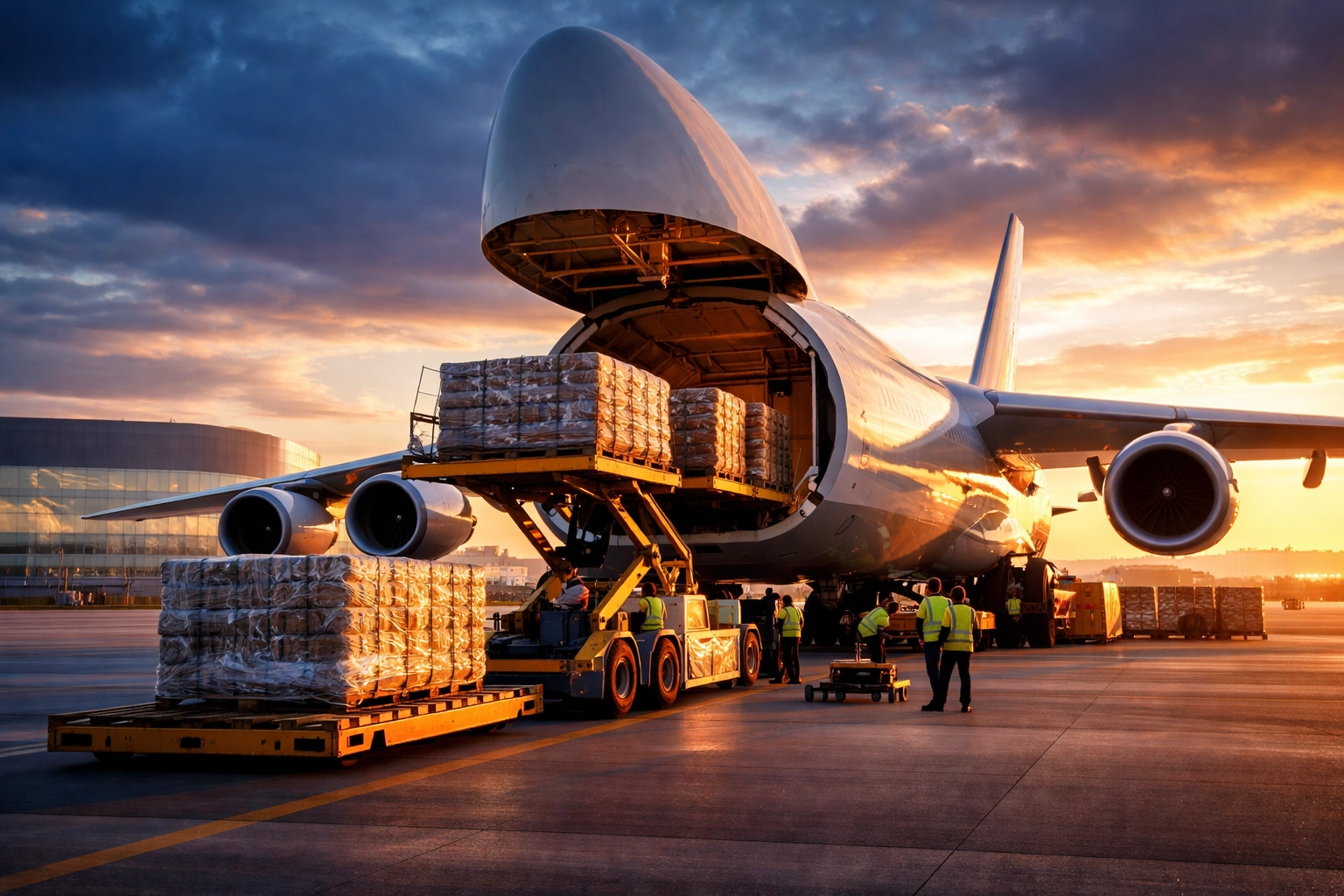 Cargo plane being loaded with freight on airport runway for fast air freight services delivery