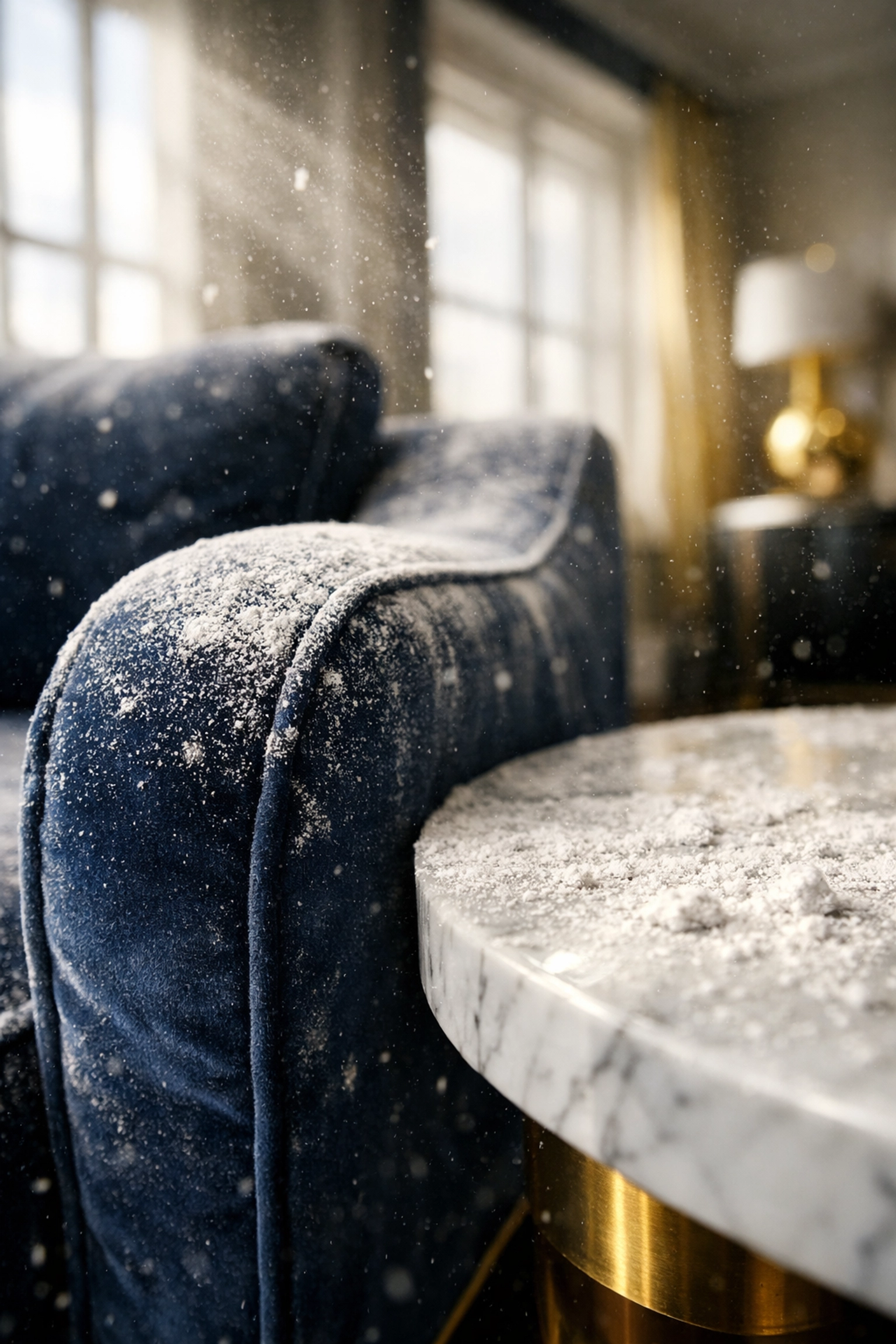 Fine construction dust on a modern armchair before professional post construction cleaning services.
