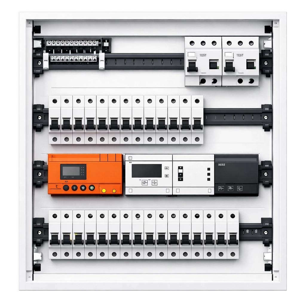 Moderner Elektro-Verteilerkasten mit Smart Home Modulen als Herzstück der Hausautomation.