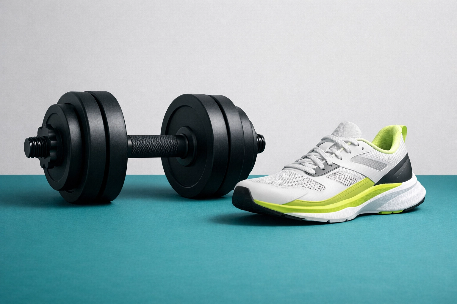 Minimalist dumbbell and running shoe illustrating the integration of strength and cardio in hybrid training.