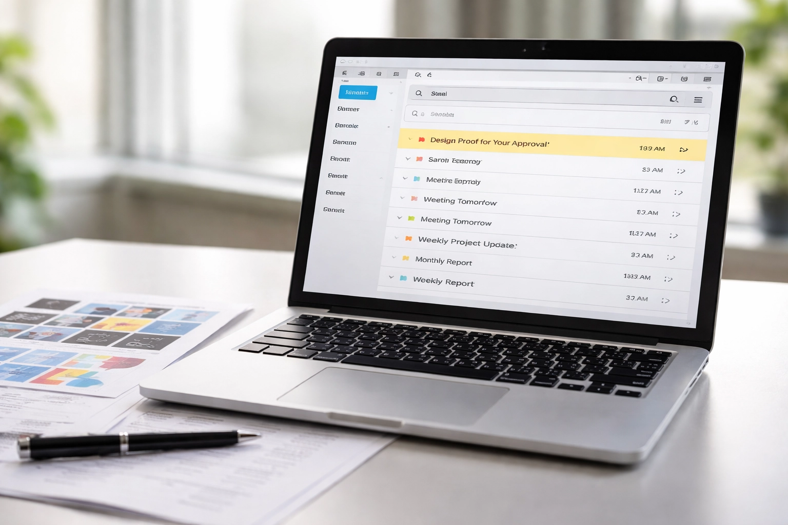Laptop showing email inbox with design proof, highlighting the importance of timely apparel approvals