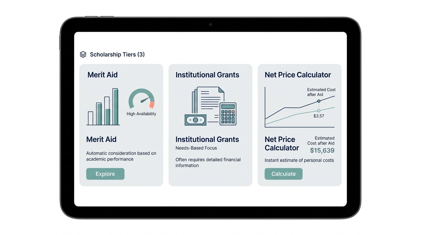 High-end UI dashboard showing merit aid data visualizations and scholarship tiers