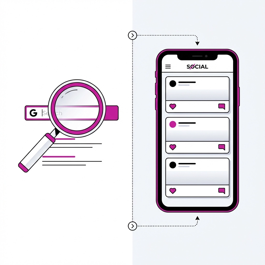 Split illustration of Google search and social media feeds highlighting lead generation differences