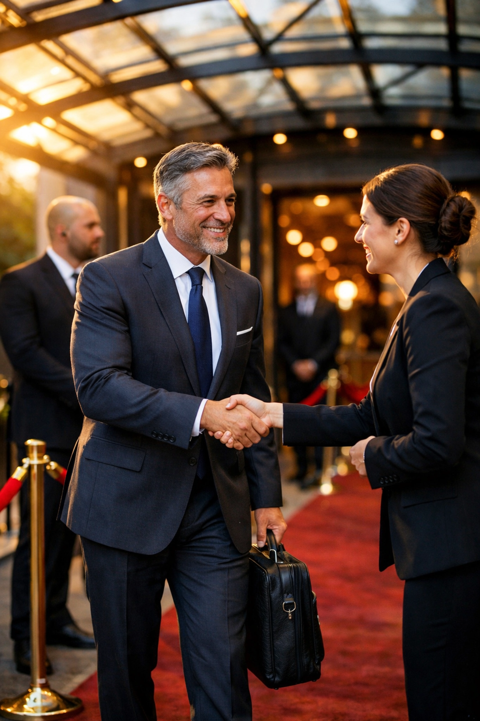 Professional coordinator greeting a corporate executive at a secure Super Bowl VIP entrance.