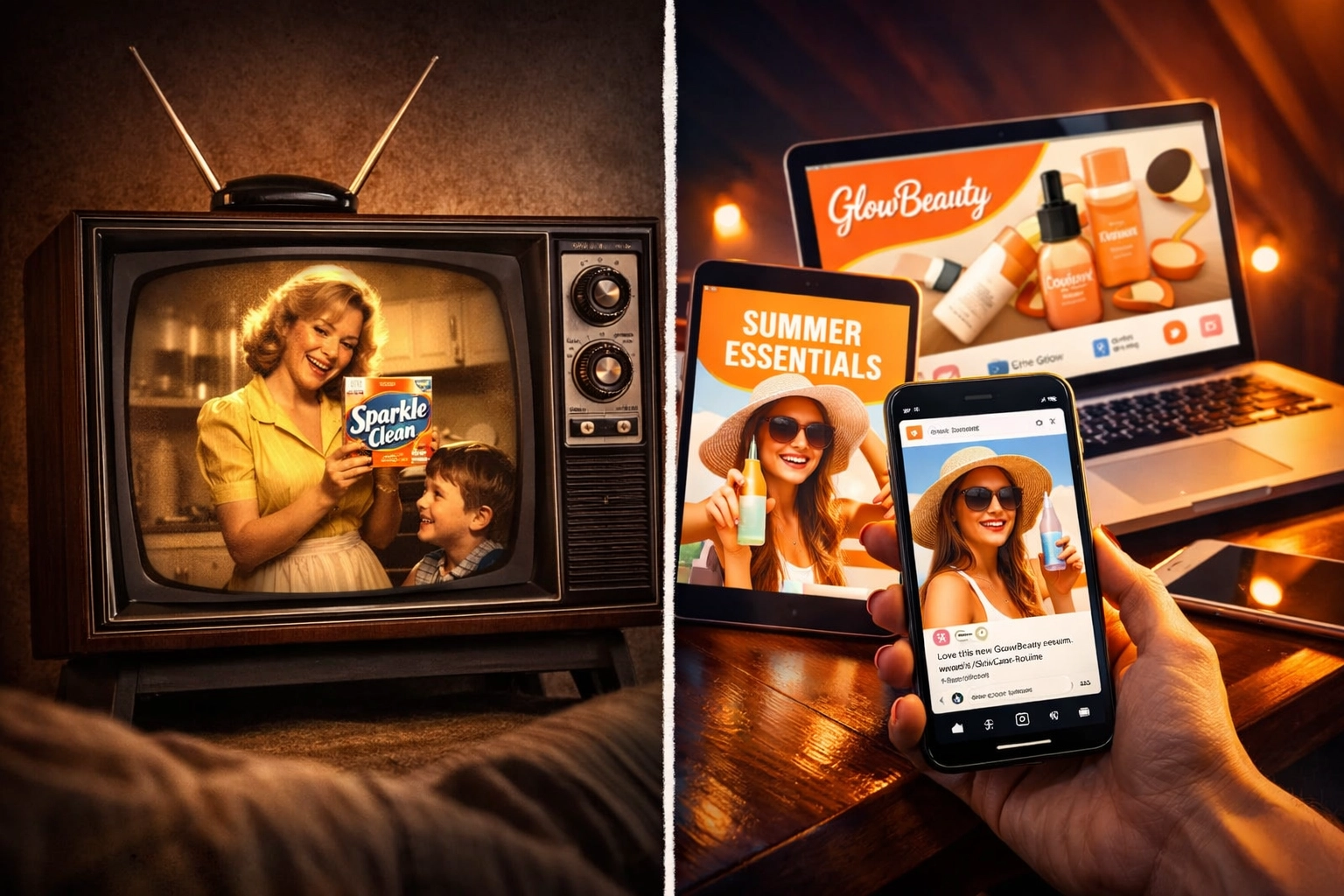 Traditional TV advertising vs modern digital marketing showing integrated media strategy