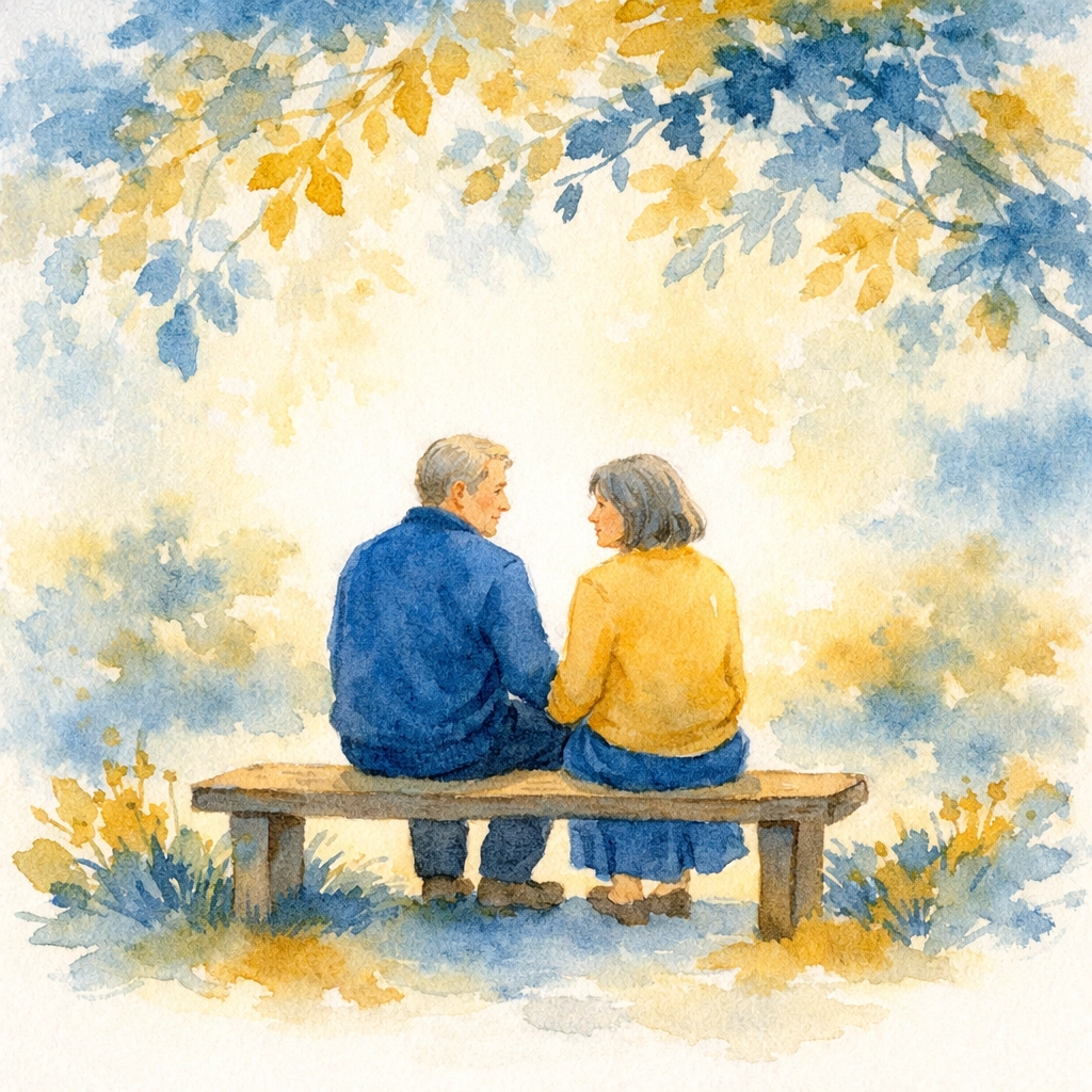 Two people sharing an unhurried conversation on a garden bench, reflecting presence-driven church community