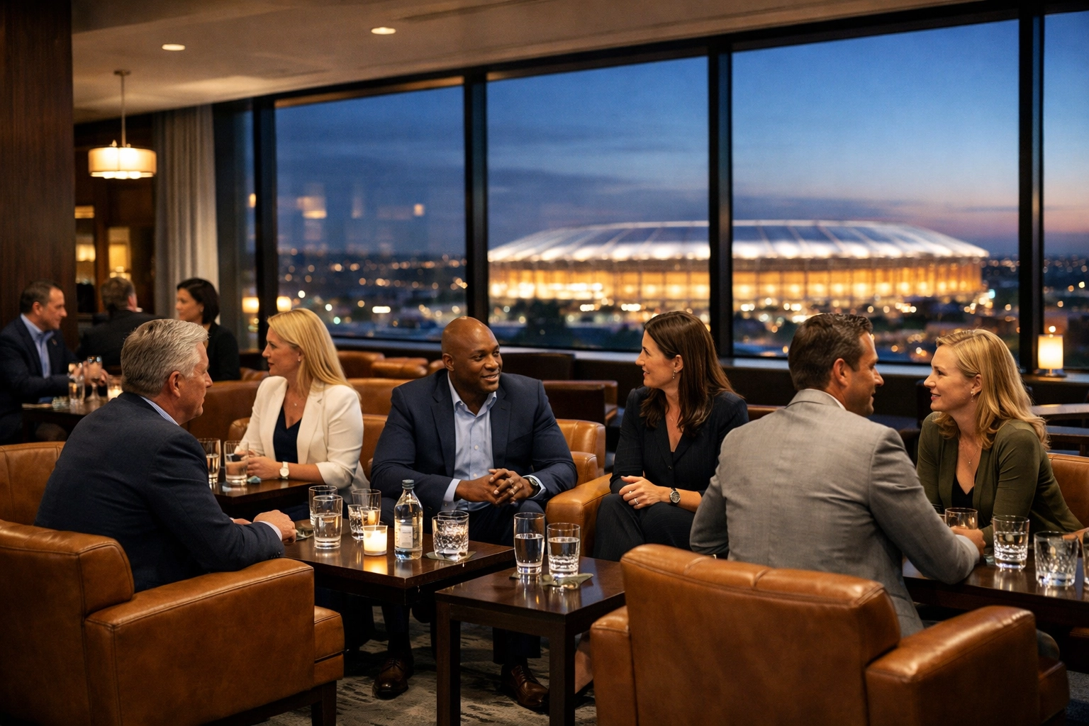 Corporate executives networking in a high-end private hospitality lounge overlooking the Super Bowl stadium.