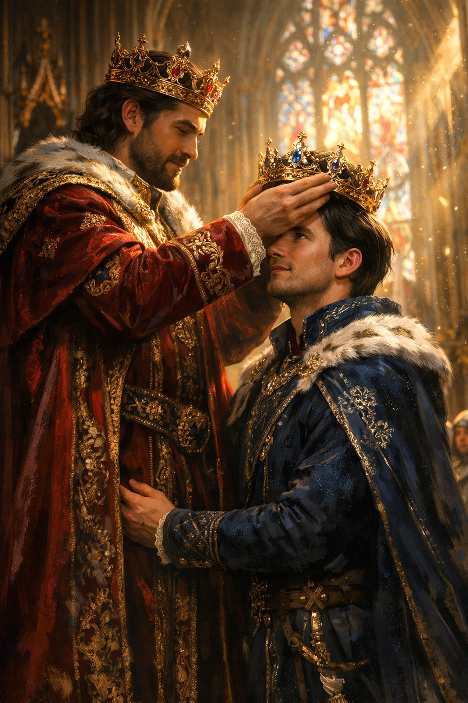 A King crowning his male consort in a cathedral, a classic trope in MM royal historical romance.