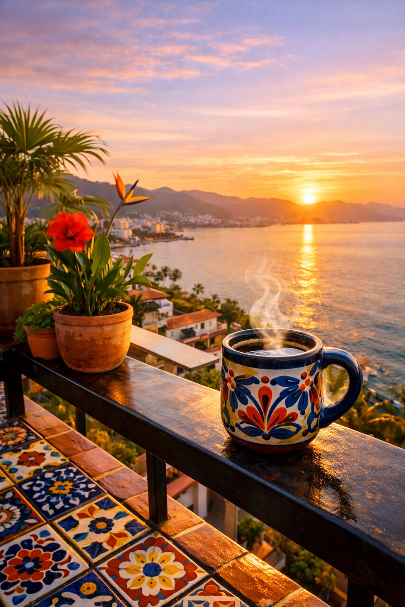 Morning coffee on Puerto Vallarta condo balcony overlooking Banderas Bay at sunrise