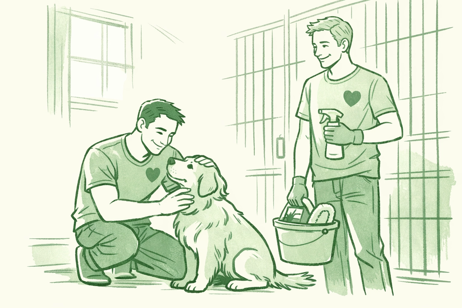 Gay male volunteers caring for rescue dog at LGBTQ+ animal shelter