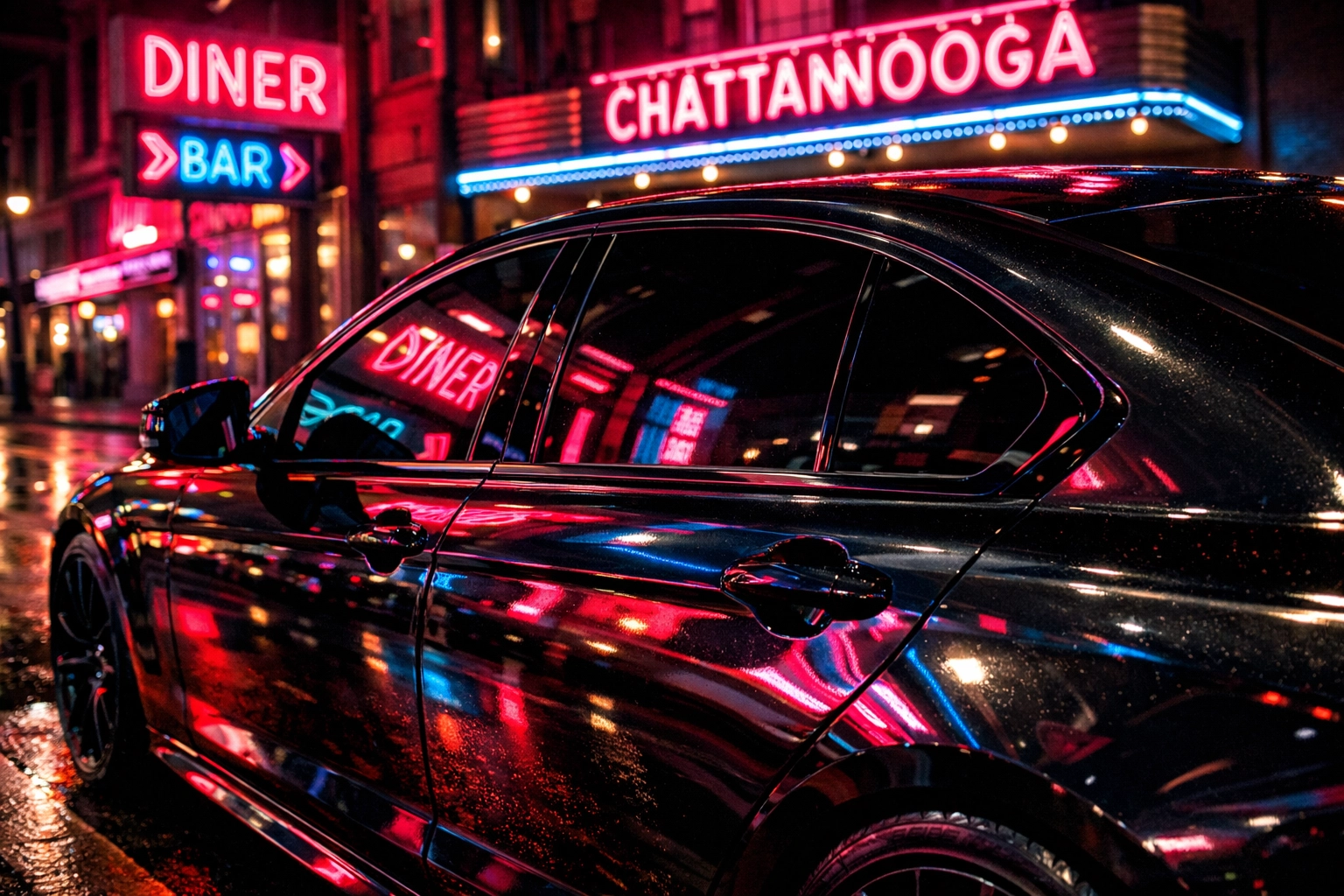 Professional Chattanooga window tinting on a luxury car at night for style and heat protection.