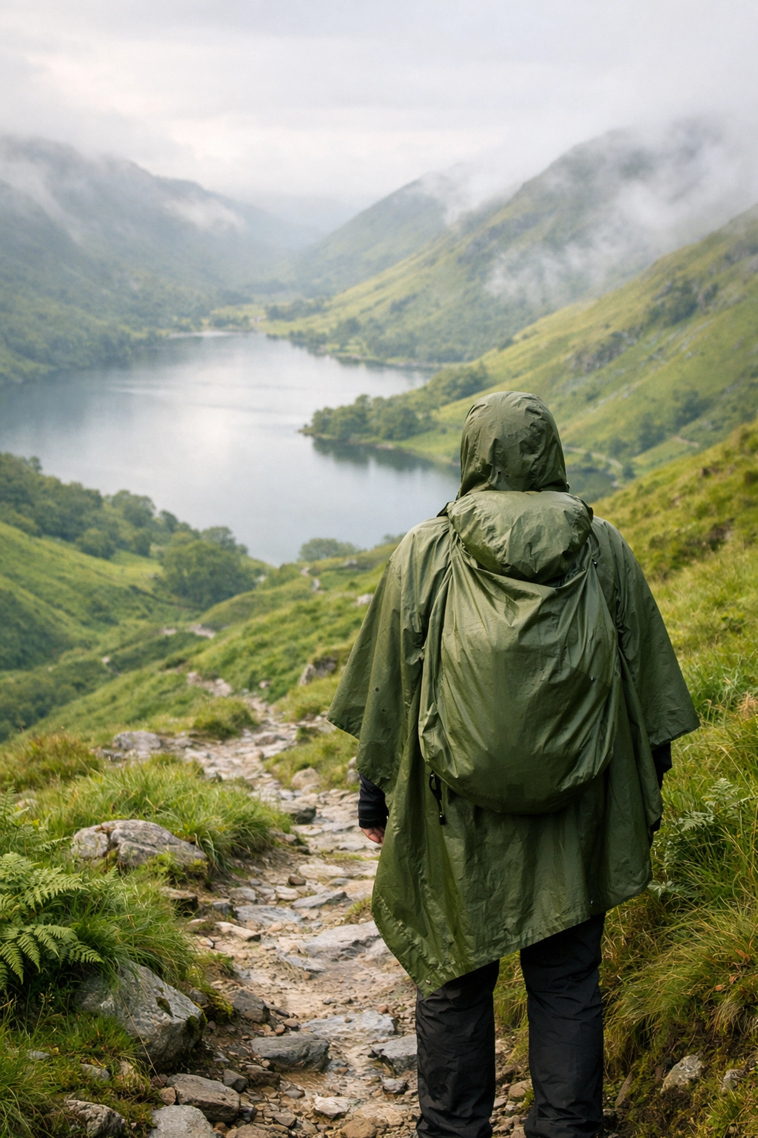 Hiker in a lightweight poncho overlooking a lake on a guided hiking tour in the UK.