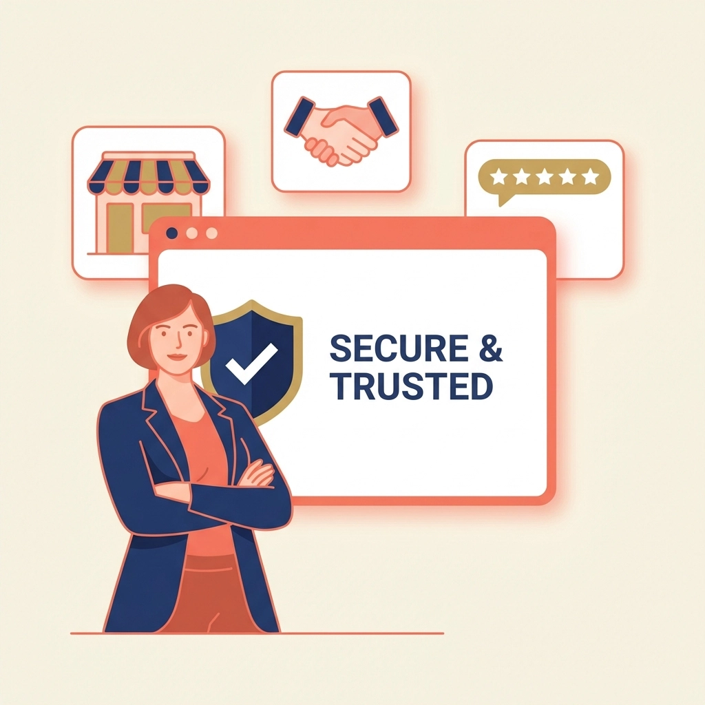 Business owner with website browser window highlighting trust, conversion, and online credibility