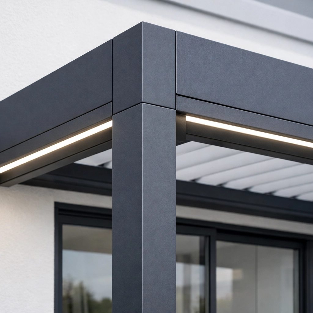 Technische Details einer Aluminium Pergola Wien mit smarter LED-Beleuchtung an der Fassade.