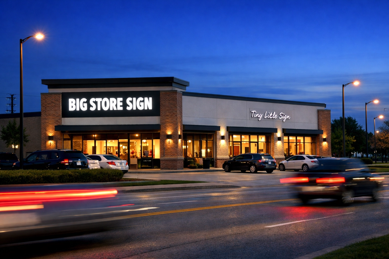 Properly scaled LED channel letters vs a small unreadable sign on a Dallas Fort Worth storefront.