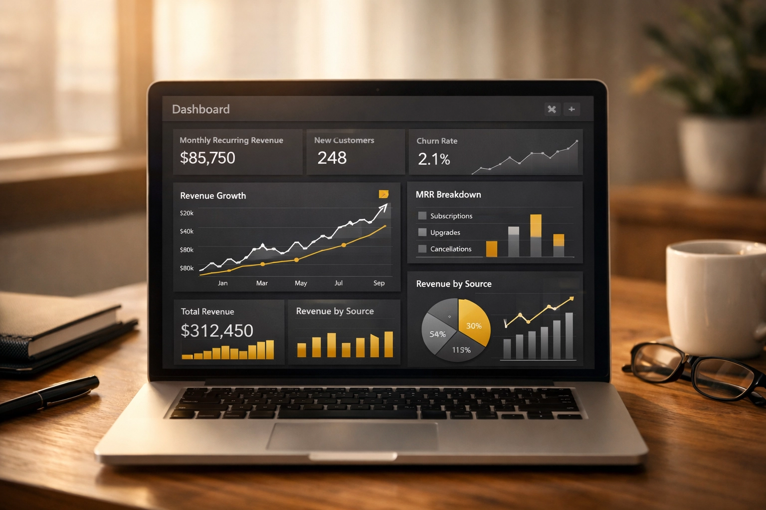 MSP financial dashboard showing recurring revenue metrics and growth charts for business valuation
