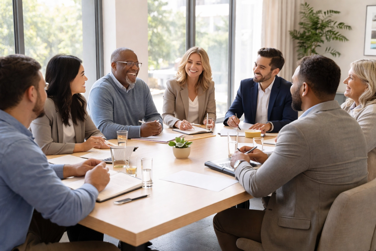Professionally led networking group of diverse Arkansas business owners collaborating around a conference table in a modern meeting space.