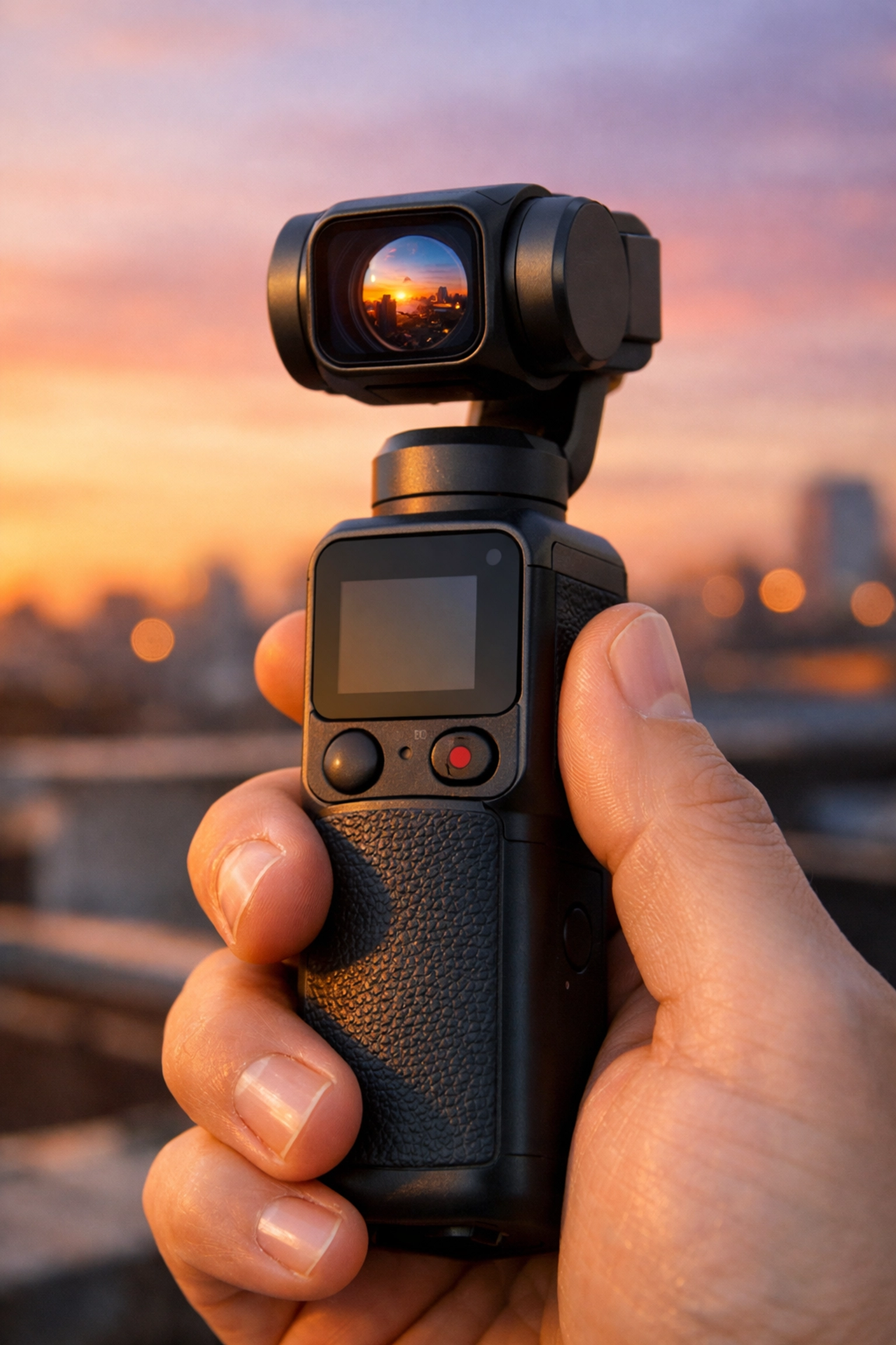 Hand holding a compact gimbal camera with a 1-inch sensor, showing why photography news matters for creators.