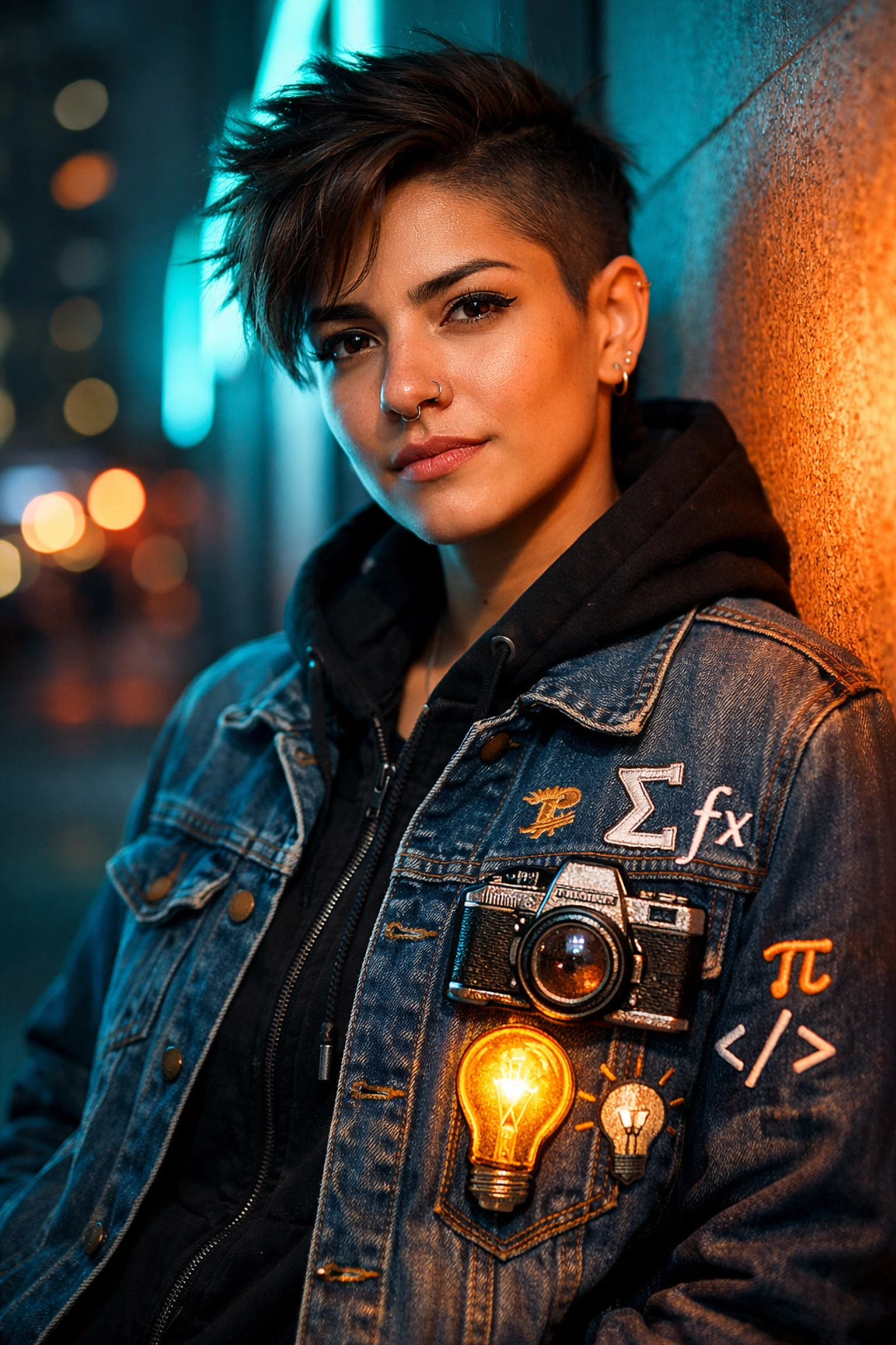 A confident creator in urban neon lighting, showcasing content as a badge of personal and brand identity.