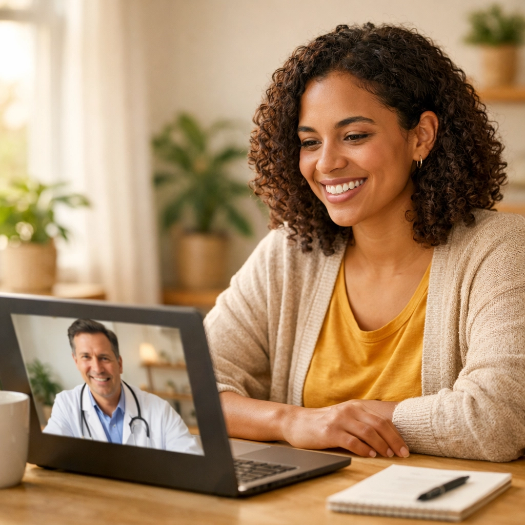 Patient having telehealth consultation with California medical provider at home