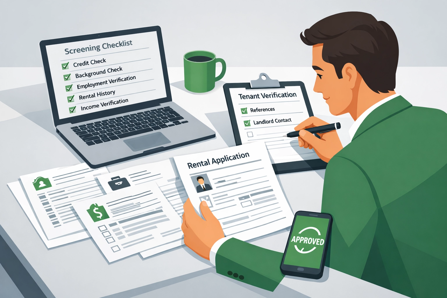 Professional property manager reviewing tenant screening documents and verification checklists