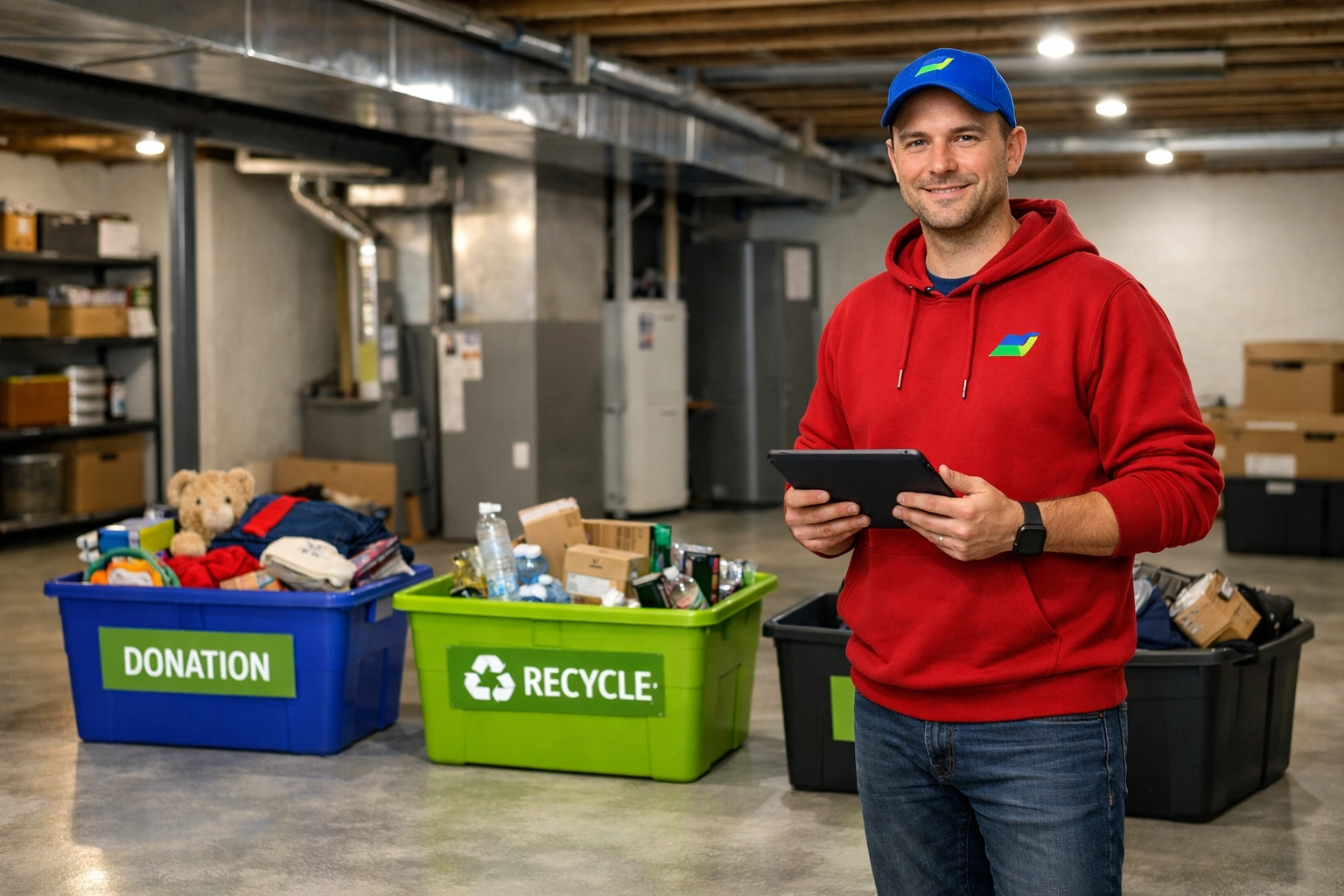 Junk GTA expert sorting items for basement clutter removal in a clean Newmarket home.