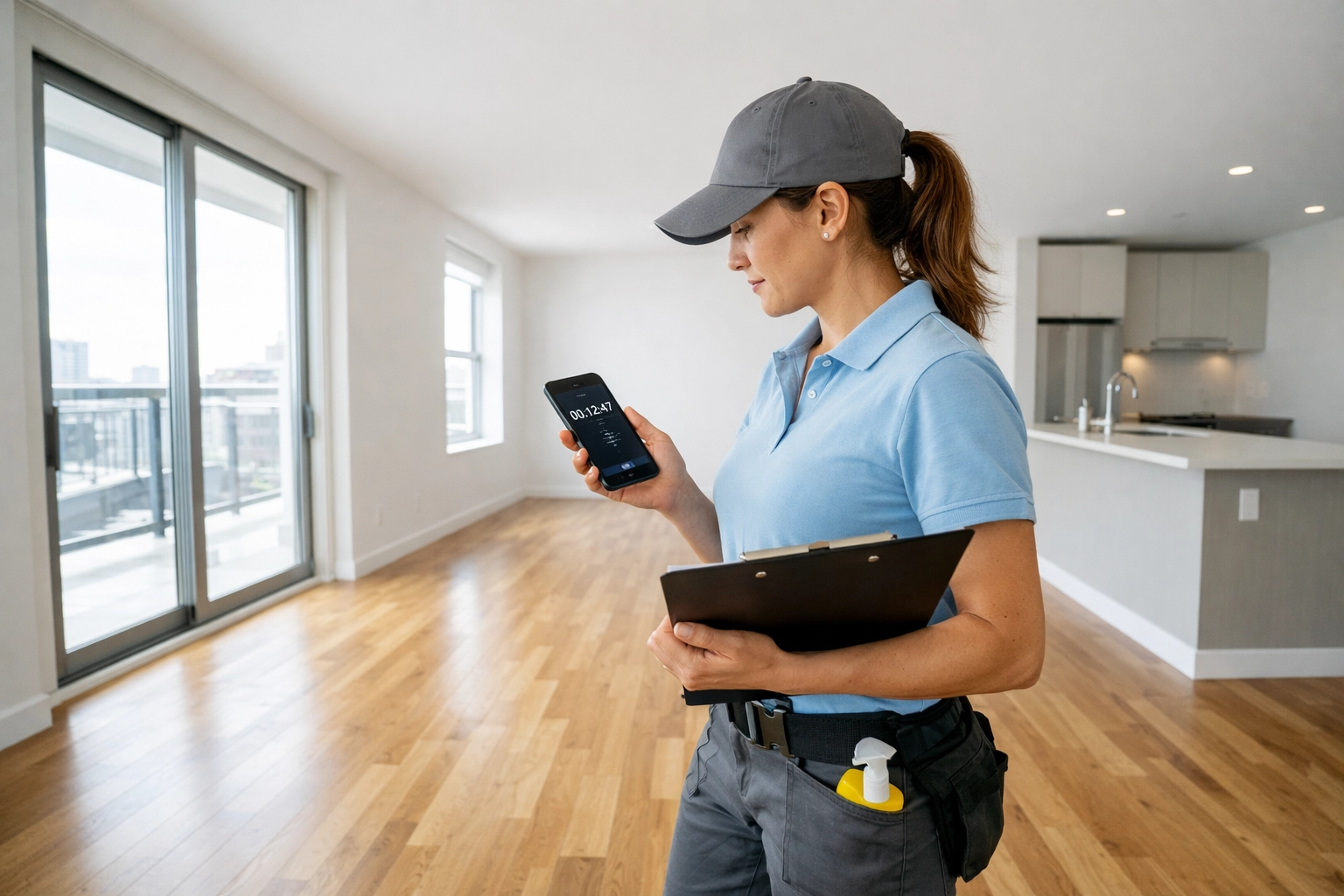 Property manager checking timer in clean apartment unit ready for new tenant