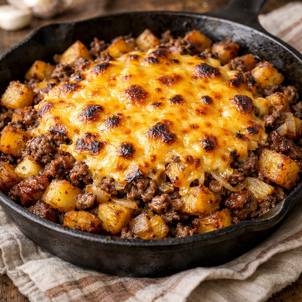 18 Best Ground Beef Recipes for Quick Suppers One-pan 5-ingredient beef and potato skillet topped with melted cheddar cheese.