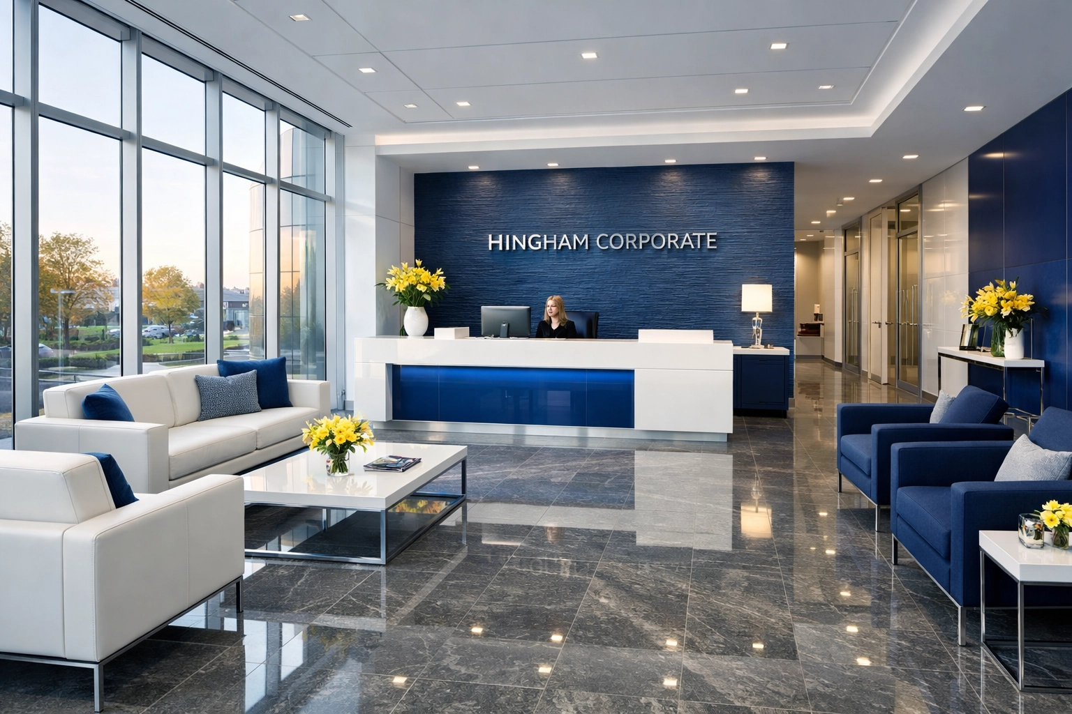 Spotless Hingham office reception area with polished stone floors after professional janitorial services.