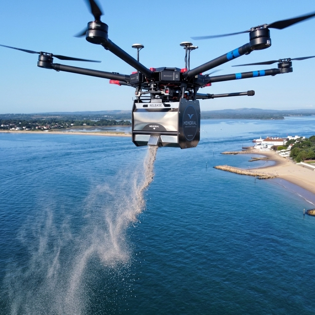 A close-up view of a professional memorial drone in flight releasing ashes