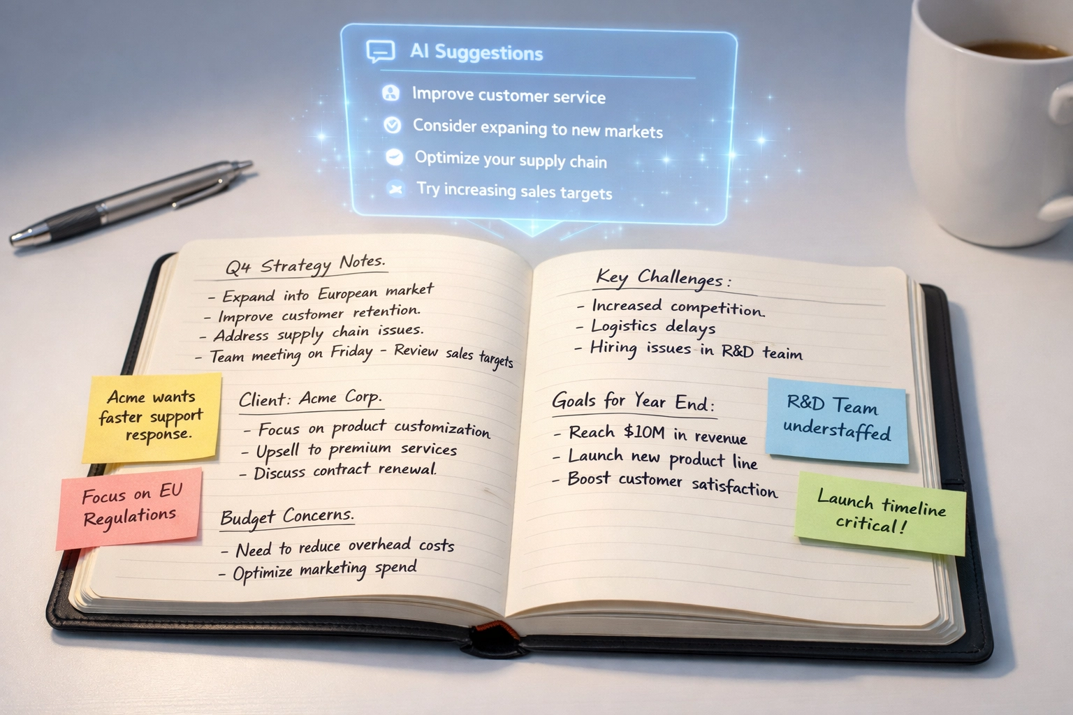 Business notebook with strategic insights highlighting deep agency expertise beyond AI capabilities
