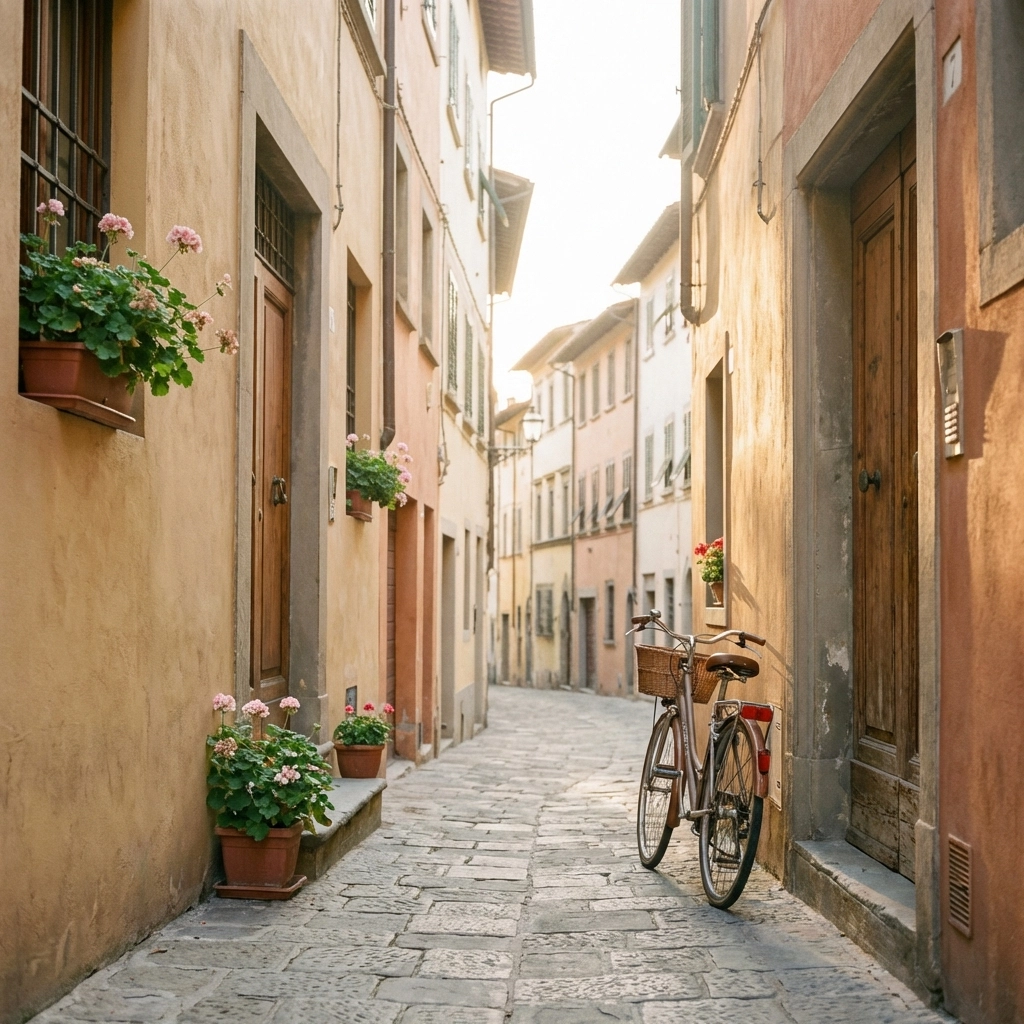 Peaceful cobblestone street in Florence's Oltrarno at sunrise, showcasing hidden gems in Italy travel planning