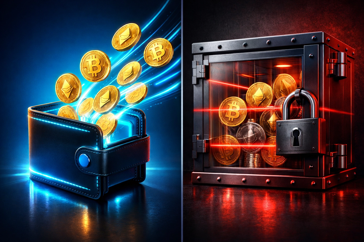 Self-custody crypto wallet vs custodial vault showing instant settlement versus restricted access