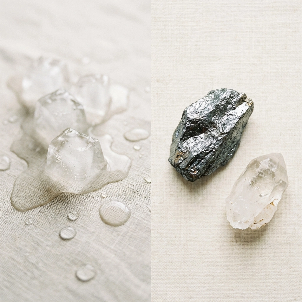 Comparison of melting ice cubes, graphite, and quartz to illustrate differences in structure and properties