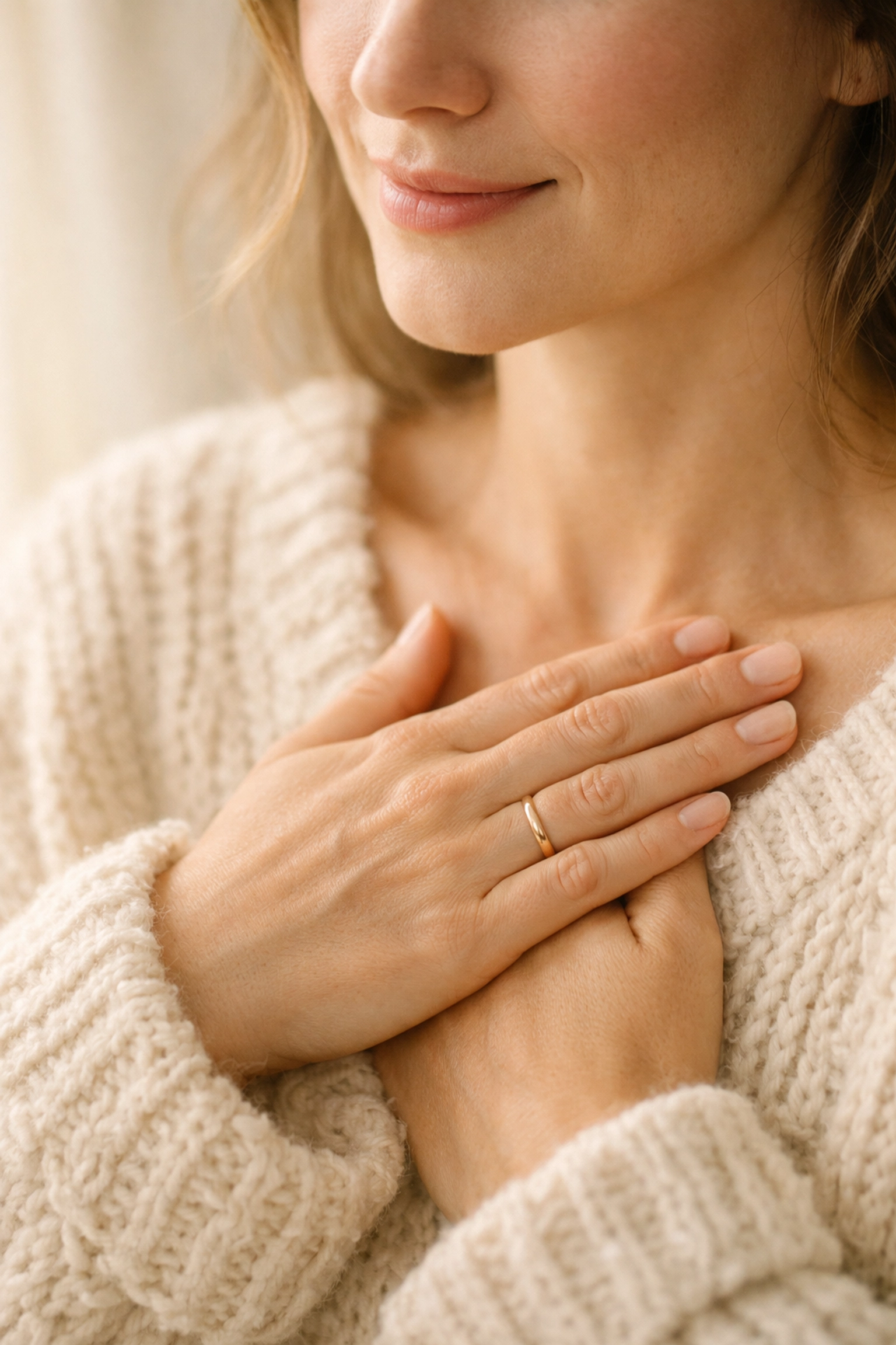 Hands resting on heart space in soft light, representing nervous system safety and higher self energy connection.